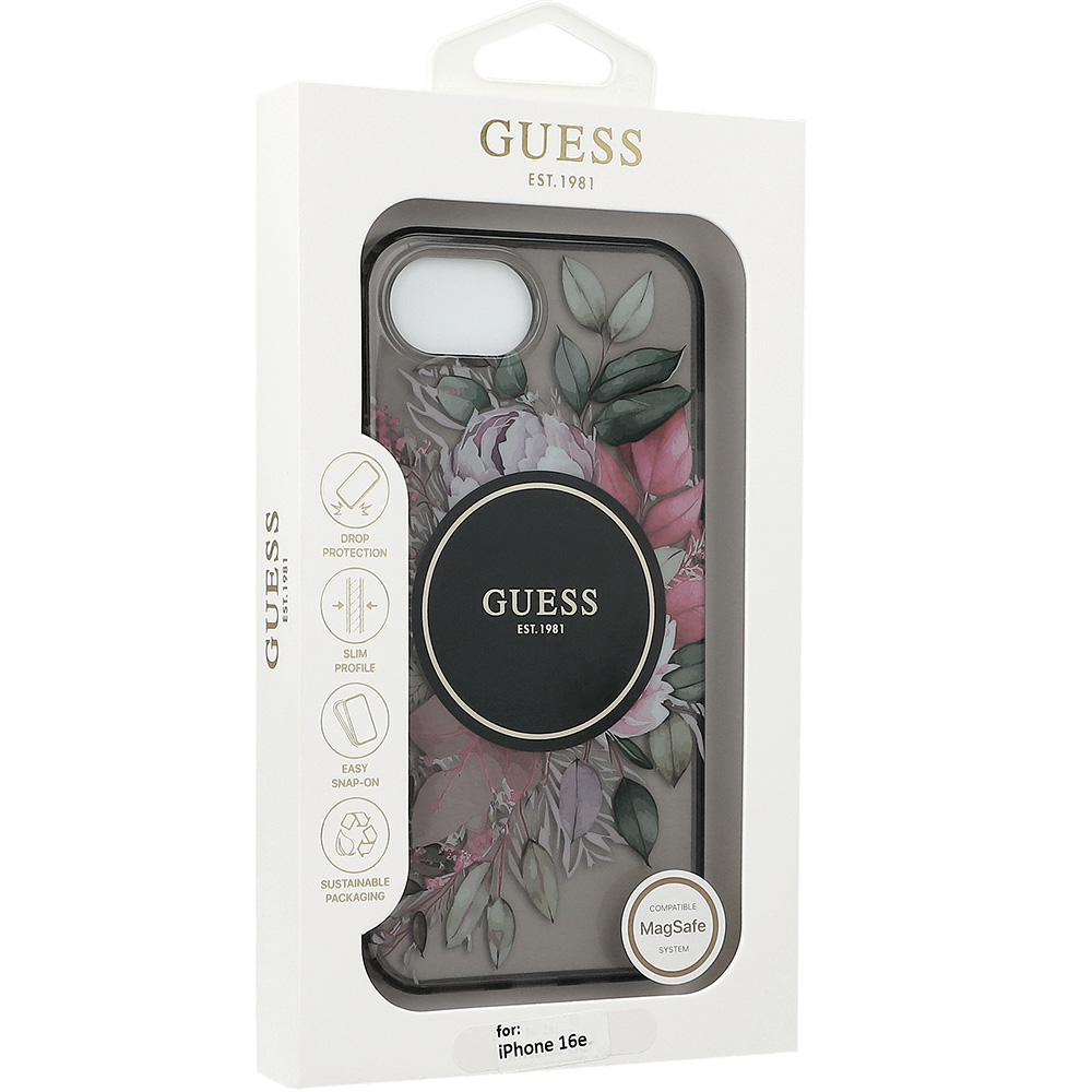 Etui Guess IML Flowers MagSafe do iPhone 16e, czarno-przezroczyste